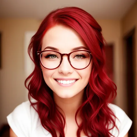 A beautiful lady with red Pixie hair with glasses smiling