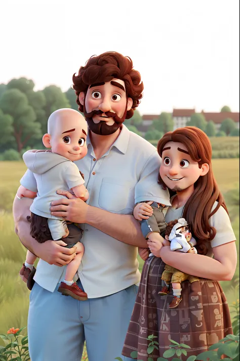 WHITE family, Tall man, dark brown curly hair with beard and mustache, with a small baby on his lap, chubby, smiling and bald, woman next to him at shoulder height, thin, no belly, red head, straight hair, hands on mans arm, normal weight