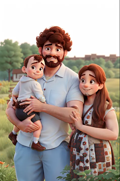 WHITE family, Tall man, dark brown curly hair with beard and mustache, with a small baby on his lap, chubby, smiling and bald, woman next to him at shoulder height, thin, no belly, red head, straight hair, hands on mans arm, normal weight