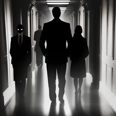 A lot of shadowy figures inside a dark room, secret agents of the government, hundreds of people, secret meeting, no faces shown, anonymous figures, many people