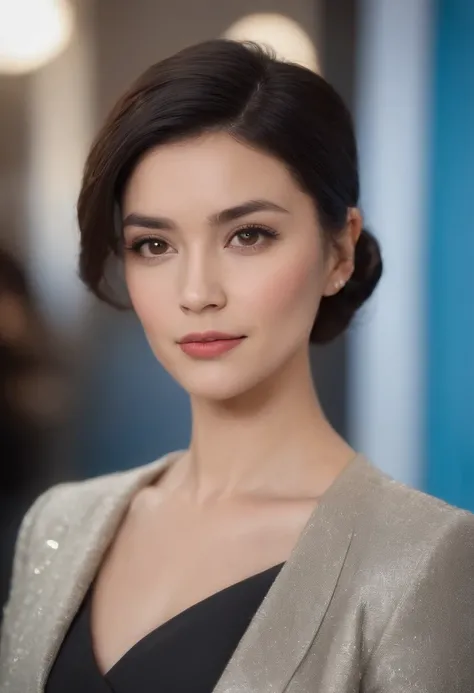 In a sea of bland suits and stiff postures, one woman stands out with her impeccable style and unwavering confidence. Her short black hair is expertly styled, framing her face and drawing attention to her piercing brown eyes. Against the light blue backdro...