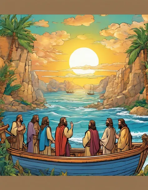 ((Jesus Christ and the apostles happy on the boat)), based on the bible, beautiful lighting in the background, few birds flying, beautiful sea, childrens illustration, cartoon style, ((very detailed)), bright colors, high definition, 8K, realistic, --ar 9:...