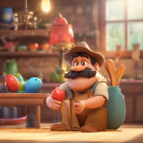 Crie um cartaz inspirado na Disney Pixar com o personagem sendo um homem jovem de 35 anos, Um homem de cabelos preto curto, cavanhaque, bigode, usando chapeu mexicano em um ambiente de retaurante