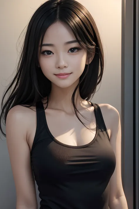 8K,超A high resolution、​masterpiece、top-quality、 extra detailed face、Realistic Skin Detailed Eyes、Very complex and、Perfect shiny shiny skin、Perfect litthing、detailed lighting、Dramatic shadows、Ray traching、 1girl、The upper part of the body、Black tank top、loo...