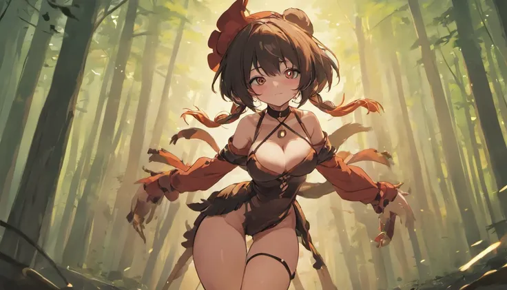 megumin, kono subarashii sekai ni shukufuku wo!, 1girl, solo, standing, looking at viewer, hat, witch hat, brown hair, short hair with long locks, red eyes, blush, flat chest, dress, long sleeves, black gloves, fingerless gloves, small breasts, skindentati...