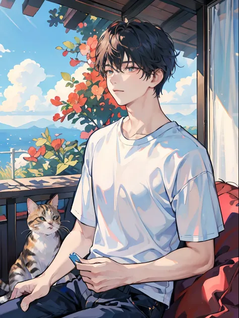 1boy, straight hair, tshirt, clean sky, cat in shoulder, sit , [portraits], (best quality, 4k, highres, masterpiece:1.2), ultra-detailed, realistic, vivid colors, studio lighting, bokeh