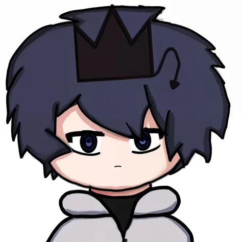 A cartoon boy with a black crown on his head, 2 d estilo anime,meio rosto normal,half robot