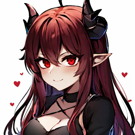 a drawing of a girl with horns and red eyes, demon anime girl, demon girl, [[[[grinning evily]]]], mika kurai demon, horns and r...