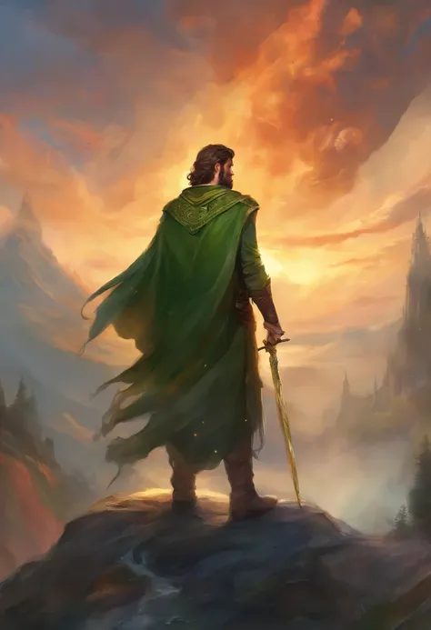 Solo male, tall, late 20s, handsome, elf, happy, relaxed, vampire, shaggy hair, pointy ears, fangs, brown hair, green cloak, druid, surrounded by smoke, lots of smoke, walking with a thick oak staff