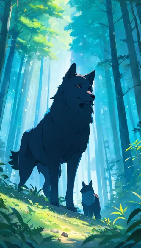 La mejor calidad, 8k, un lobo negro con llamas azules en partes de su cuerpo acostado en un bosque, Ethereal Scene, poderoso