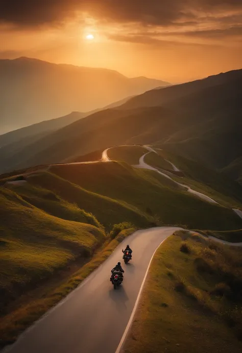 some motorcyclists riding their bikes down a winding road between the seaside mountains heading towards the sun. Sunset with cloudy sky.