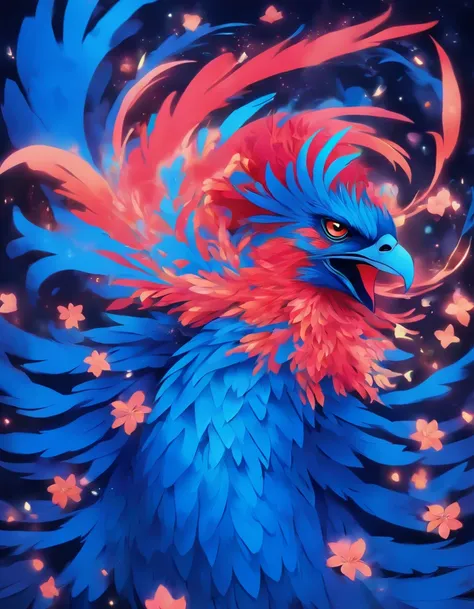 「Make an illustration of a blue phoenix, saindo de uma flor, rosa vermelha」