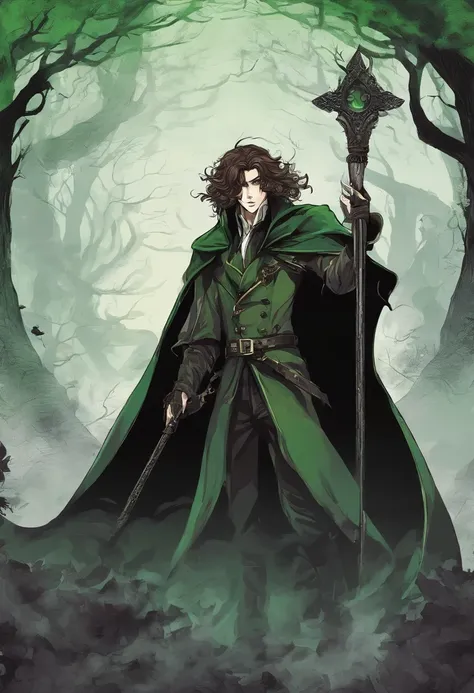 Solo male, tall, late 20s, handsome, elf, happy, relaxed, vampire, shaggy hair, pointy ears, fangs, brown hair, green cloak, druid, surrounded by smoke, lots of smoke, walking with a thick oak staff