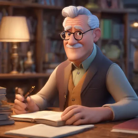 Crie um cartaz inspirado na Disney Pixar com o personagem sendo o pastor Rubens Janier, A gray-haired man wearing glasses, in an office with a Bible on the table, Looking forward and serious