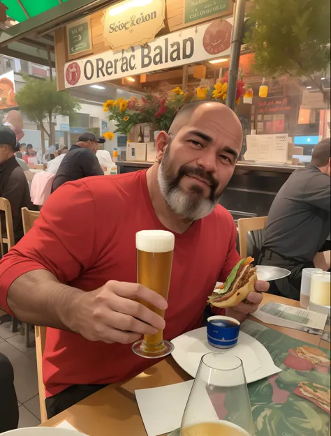 Man sitting at a table with a glass of beer and a sandwich, pegando seus tacos e bebida), com uma bebida, taken in the early 2020s, fotografia tirada em 2 0 2 0, segurando uma cerveja!!, In Sao Paulo, Fotografia tirada em 2 0 2 0, ele tem cerca de 40 anos