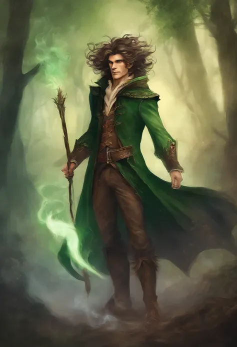 Solo male, tall, late 20s, handsome, elf, happy, relaxed, vampire, shaggy hair, pointy ears, fangs, brown hair, green cloak, druid, surrounded by smoke, lots of smoke, walking with a thick oak staff