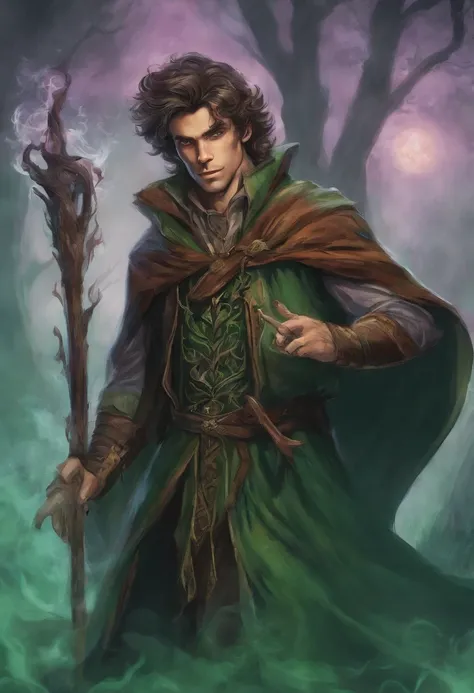 Solo male, tall, late 20s, handsome, elf, happy, relaxed, vampire, shaggy hair, pointy ears, fangs, brown hair, green cloak, druid, surrounded by smoke, lots of smoke, walking with a thick oak staff