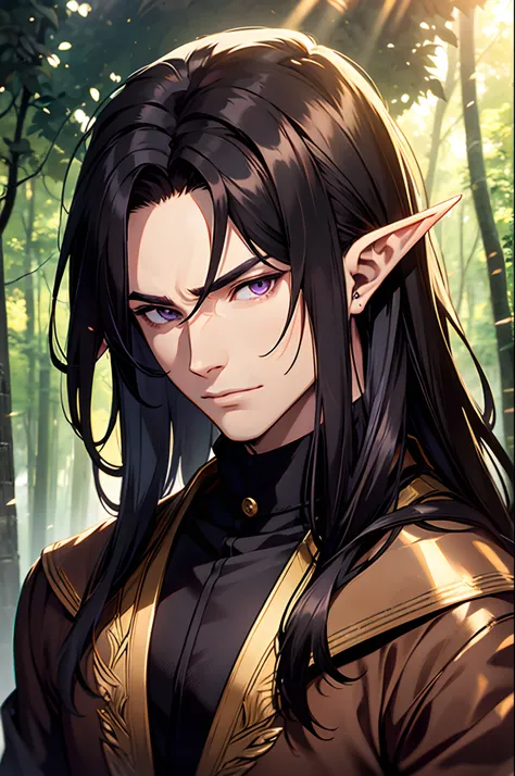 (masterpiece),best quality,1 male, beautiful face, handsome, muscle, sunlight, elf ears, pointy ears, handsome, young adult, black hair, purple eyes, long hair, leather clothes, forest background, face focus, portrait,