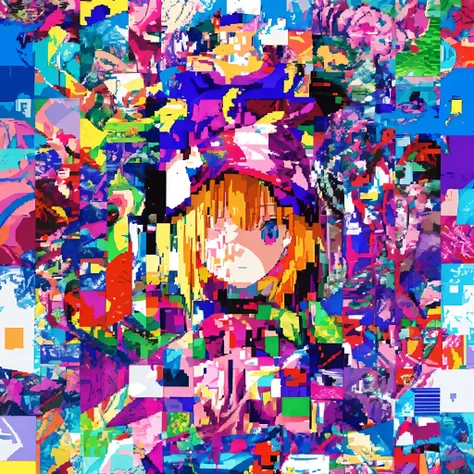 Close-up of collage of anime characters with different background colors, dreamy psychedelic anime, hyper colorful, A collection of anime materials、anime abstract art, beautiful glitch art dream, Psychedelic glitch art, Noise々glitched, Hypercolor Digital A...