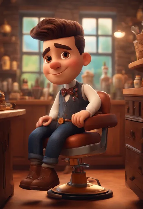 A Dream Barber Inspired by Pixar Animation, de perto. The character takes center stage with captivating facial expressions, oferecendo um toque de irrealidade, Cabelo curto e gordinho gradiente