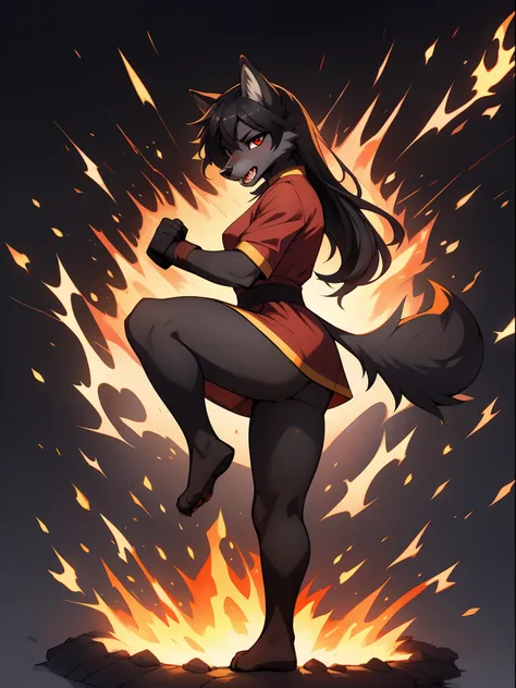 Solo:1.3, one girl, Natasha, dark grey wolf, red eyes,  cute snout, black nose, long black hair, red monk clothing, feet wrapped in bandages, sparks coming from fists, one leg up pose, dramatic pose, punching, serious face, fire coming from sides of mouth,...