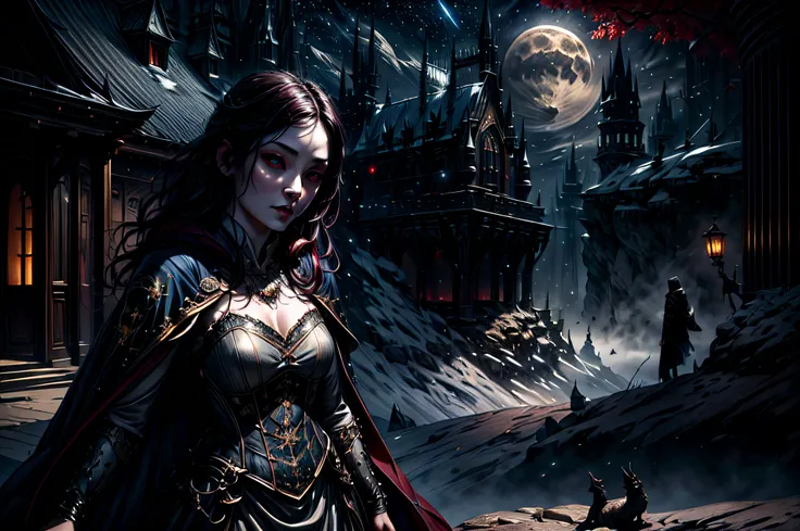 a picture of an exquisite beautiful female vampire standing under the starry night sky on the porch of her castle, dynamic angle (ultra detailed, Masterpiece, best quality), ultra detailed face (ultra detailed, Masterpiece, best quality), ultra feminine, g...