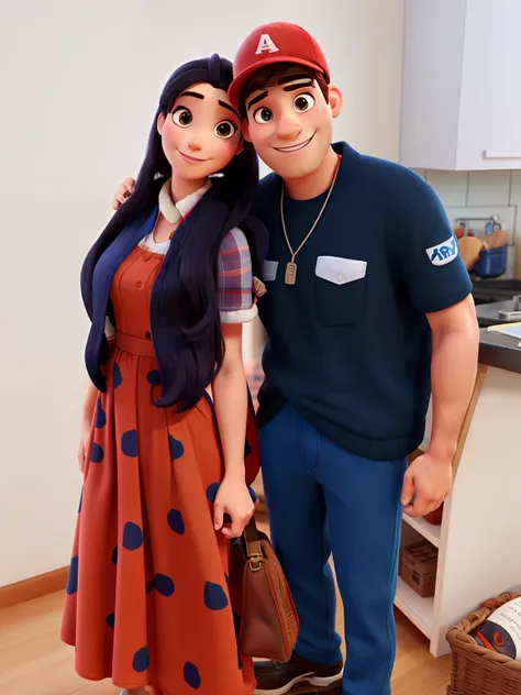 Couple together, man in cap, woman in dress, Disney Pixar style