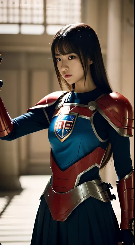 1girl in, beautfull Japanease woman,(((super girl))), (Armor equipment)，(Holding a sword in his right hand)，(Shield on left arm)，Convoluted,Cinematic, cinematic lightin，Dynamic Poses