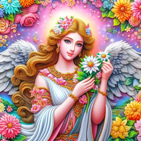 a painting of an angel holding a flower in her hands, beautiful angel, of beautiful angel, beautiful female angel, of an beautiful angel girl, portrait of a beautiful angel, flower goddess, beautiful angel girl portrait, goddess of love and peace, full of ...