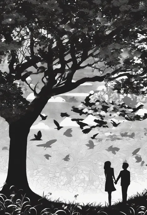 Black and white manga of a girl against a tree and a boy kissing her in a park