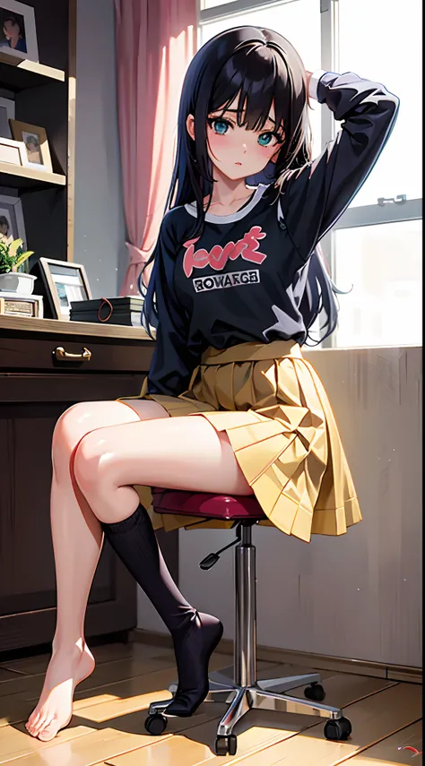 Anime girl sitting on a chair with her arm raised in the air, com o dedo indicador, visual anime de uma menina bonito, Nagatoro, the anime girl is crouching, sentada em seu quarto, tou, menina anime jovem, anime moe artstyle, Kimi Takemura, menina bonita d...