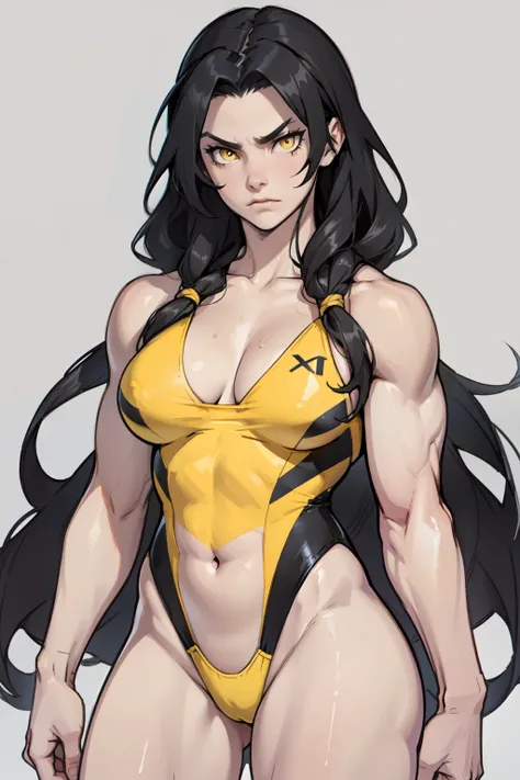 (((muscular girl))) large breasts grey background black hair very long hair yellow eyes pale skin angry swimsuit