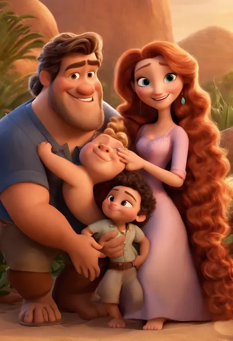 a Disney Pixar movie poster showing a white-skinned family. The father is the tallest, Tem barba curta, loiro, cabelos curtos e espinhosos. The mother has brown eyes and hair, shoulder-length and is slightly overweight. A menina tem 4 anos e cabelos castan...