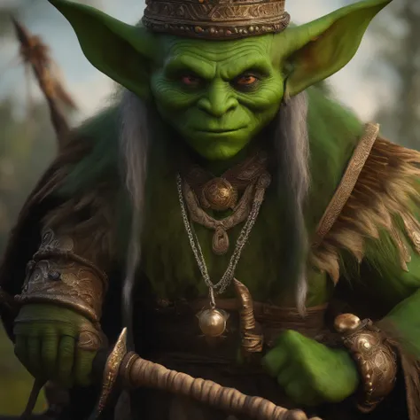 "green-skinned goblin warrior, wearing the regalia of a lieutenant under a shaman, wielding a menacing wand."