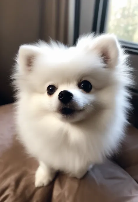 Image of a white Pomeranian Lulu dog for a story in a YouTube video in Pixar format, Hes little Zoe , Hes the class leader, Hes outgoing, Playful and gets up for a lot of things, tem muito pelo branco