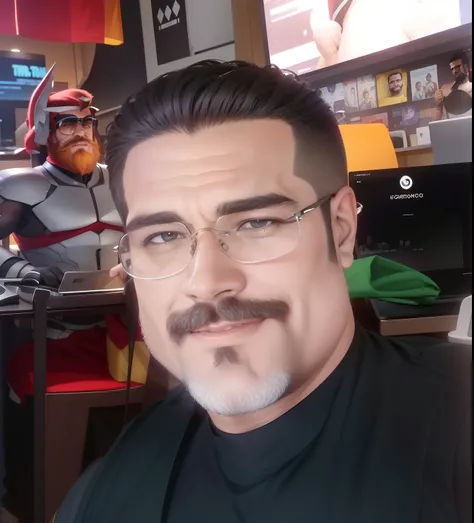 epic realistic，fotore，1 Tio bonito，corte buzz，barba，wearing glasses，figura gordinha，Pecs grandes，Use um terno profissional，segurando laptop，Sorriso encantado，homem maduro，tmasterpiece，corpo inteiroesbian