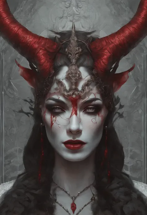 demonic woman with horns and blood on her face, an ultrafine detailed painting inspired by Art of Brom, featured on Artstation, gothic art, artgerm and tom bagshaw, tom bagshaw inspired, in style of dark fantasy art, portrait of demon girl, tom bagshaw art...