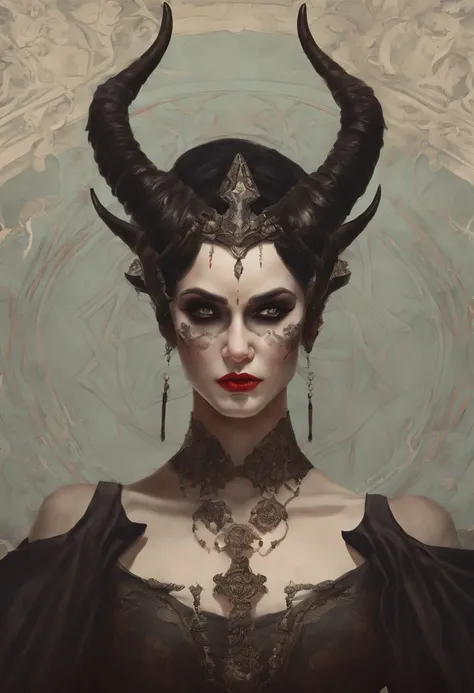 demonic woman with horns and blood on her face, an ultrafine detailed painting inspired by Art of Brom, featured on Artstation, gothic art, artgerm and tom bagshaw, tom bagshaw inspired, in style of dark fantasy art, portrait of demon girl, tom bagshaw art...