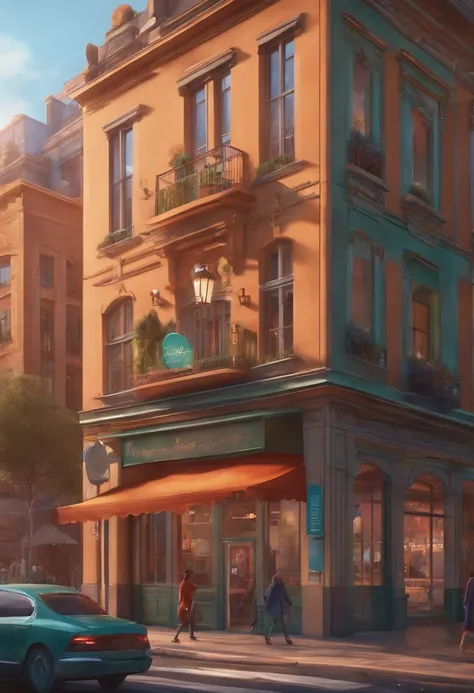 Pixar 3D-style drawing of a slimming clinic in the city center with a character in the foreground