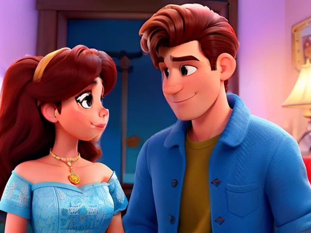 Casal (homem moreno e mulher branca) no estilo Disney Pixar, alta qualidade, melhor qualidade.