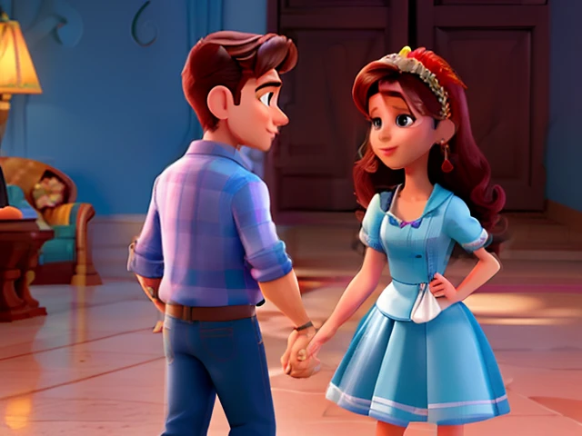 Casal (homem moreno e mulher branca) no estilo Disney Pixar, alta qualidade, melhor qualidade.