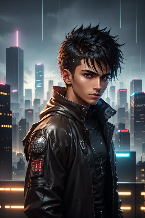 Image of a cyberpunk dystopian city, realistic. Young 18 yr old POC male with fluffy brown hair ((Latin dark skin)) with red eyessitting on rooftop in cyberpunk clothing, gazing at moonlit sky, cyberpunk metropolis, cyberpunk dystopia, skyscrapers, tall bu...