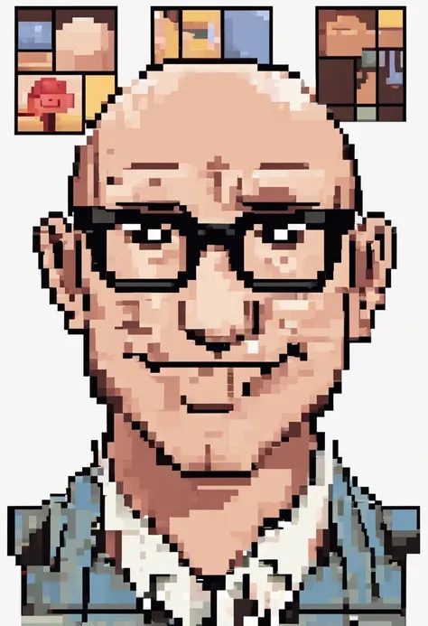 Create bald man, evil face, Disney Pixar style square glasses