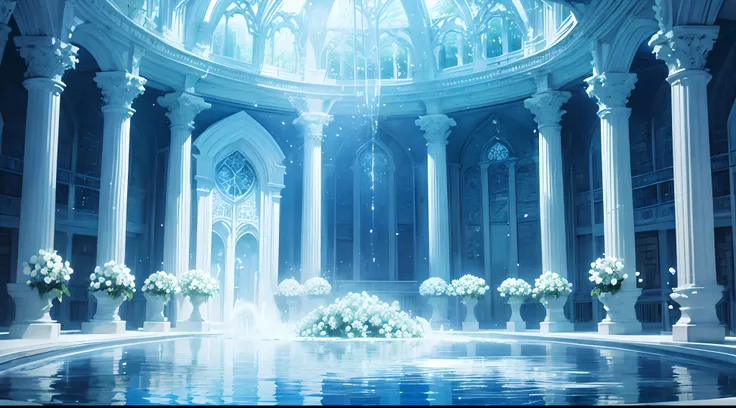 Blue and white tones,Ultra-translucent,Super transparent,Crystal Book House,Great waterways,pools of water,flowingwater,waterfallr,libraryai,Covered with fantastic white rose vines,Lots of detail,hyper qualit,shock,Magnificent,Momentum