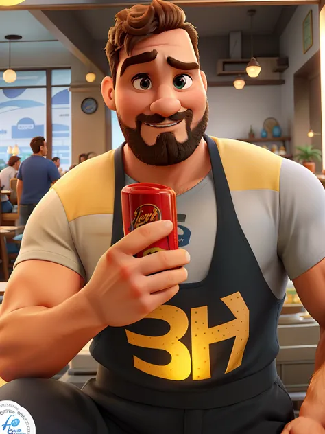 Poster no estilo Disney pixar, alta qualidade, melhor qualidade, homem sexy branco, 30 anos cabelo grisalho barba preta, musculoso, com fundo em um restaurante a luz de velas