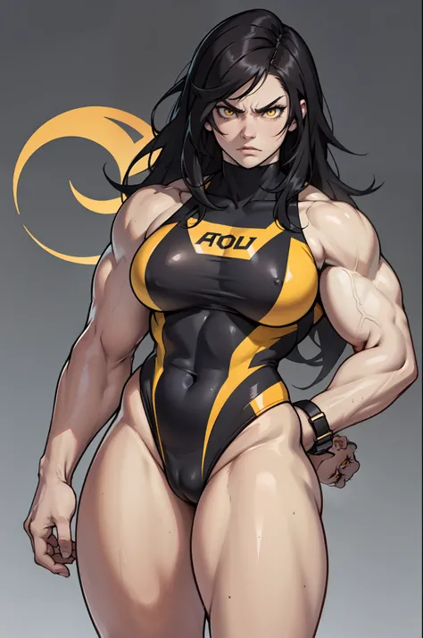 (1girl) pale skin huge breasts (muscular)) toned body thick thighs black hair yellow eyes (swimsuit long hair grey background) bodybuilder angry