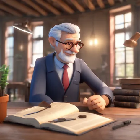 Crie um cartaz inspirado na Disney Pixar com o personagem sendo o pastor Rubens Janier, A gray-haired man wearing glasses, in an office with a Bible on the table, Looking forward and serious