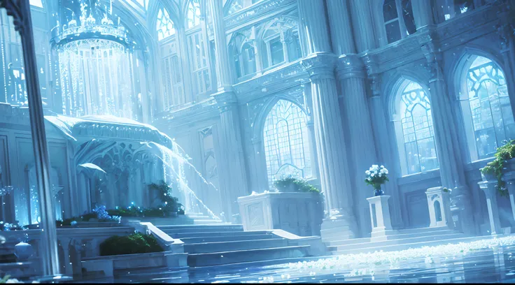 Blue and white tones,Ultra-translucent,Super transparent,Crystal Book House,Great waterways,pools of water,flowingwater,waterfallr,libraryai,Covered with fantastic white rose vines,Lots of detail,hyper qualit,shock,Magnificent,Momentum