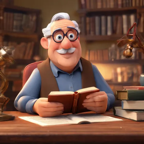 Crie um cartaz inspirado na Disney Pixar com o personagem sendo o pastor Rubens Janier, A gray-haired man wearing glasses, in an office with a Bible on the table