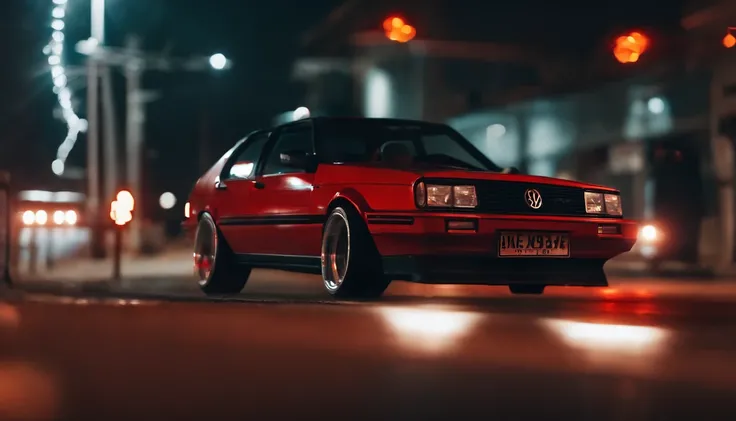 jetta 2021 vermelho, foto de um carro em uma noite tempestuosa, Noite da Cidade Cyberpunk, tempestade na cidade, Cinema sombrio, ultra detalhado, fotorrealista, master part.